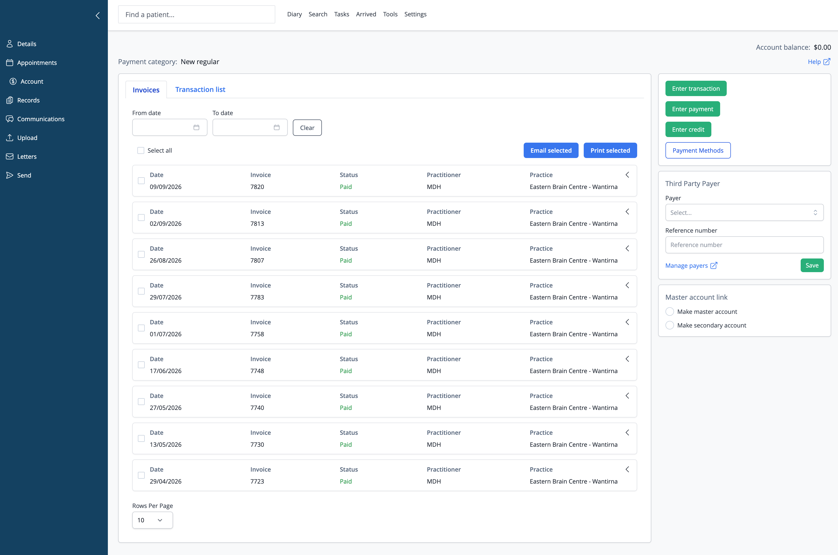 The iconpractice patient account screen showing invoice history, payment actions, third-party payer details, and master account links.