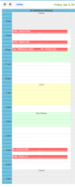 Practitioner diary opening, closing and new patient times